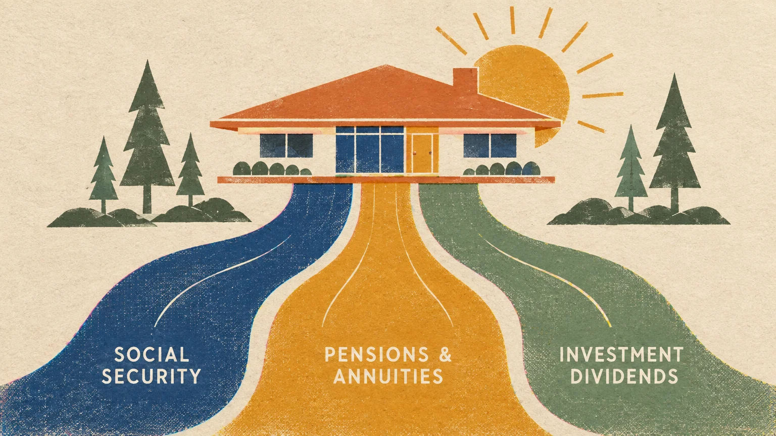 Illustration of a house supported by three paths labeled Social Security, Pensions & Annuities, and Investment Dividends.