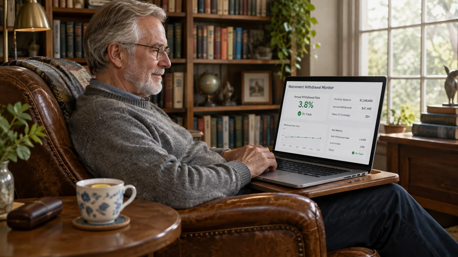 Senior man sitting in an armchair using a laptop displaying a retirement withdrawal monitor dashboard.