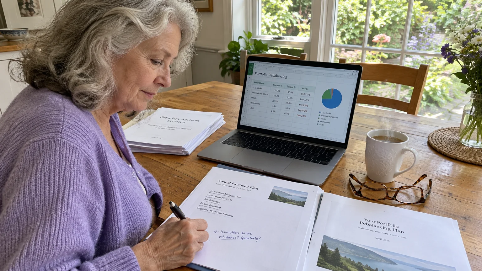 Woman sitting at a wooden table reviewing financial plan documents beside a laptop showing a portfolio rebalancing spreadsheet.