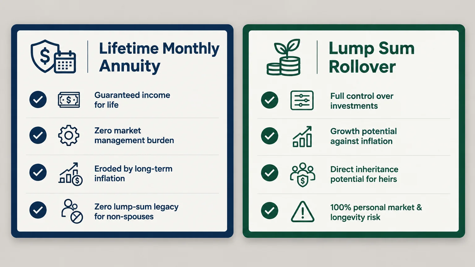 Side-by-side cards comparing Lifetime Monthly Annuity and Lump Sum Rollover features using checkmark bullet points.