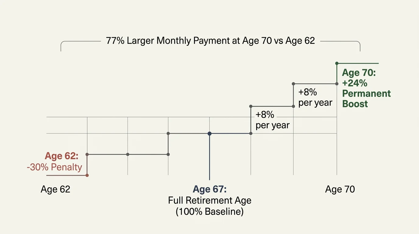 Step chart illustrating Social Security payment growth from a 30% penalty at age 62 to a 24% boost at age 70.