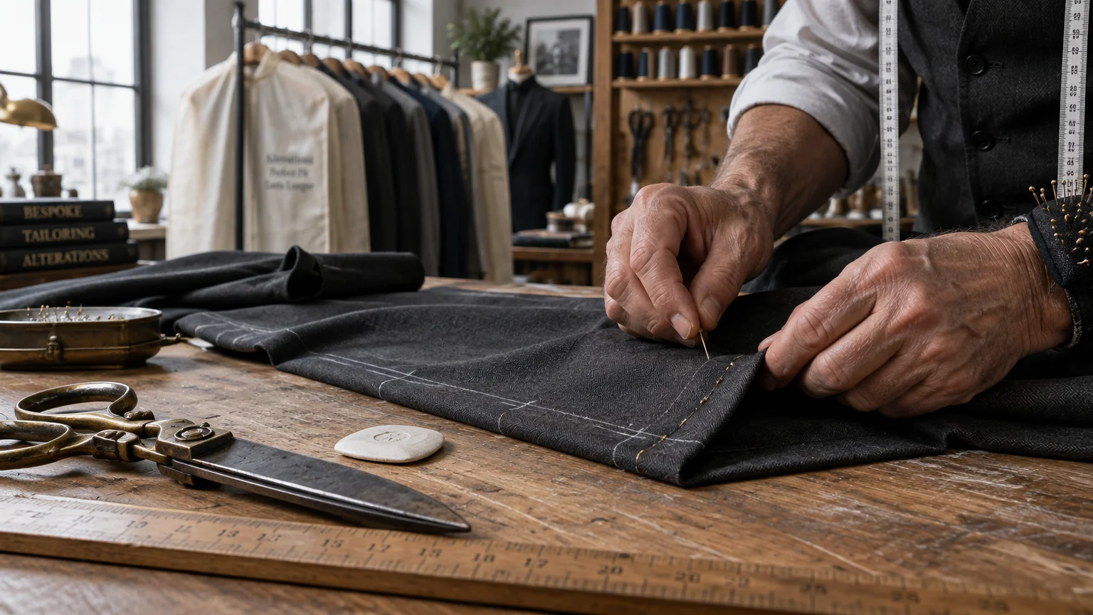 Tailor pinning the hem of dark gray trousers on a wooden worktable beside shears, chalk, and a measuring ruler.