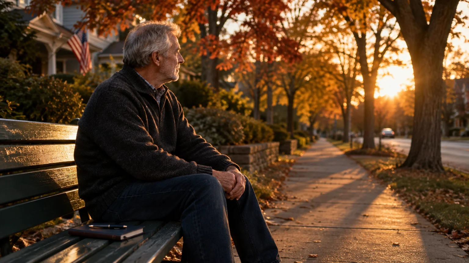 Senior man sitting on a park bench beside a sidewalk lined with autumn trees at sunset.