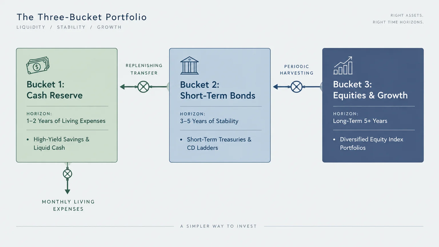 Diagram of a three-bucket portfolio connecting cash reserves, short-term bonds, and equities through transfer valves.