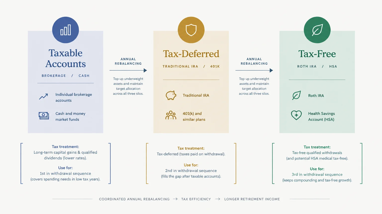 Diagram outlining three retirement account types: taxable accounts, tax-deferred accounts, and tax-free accounts.