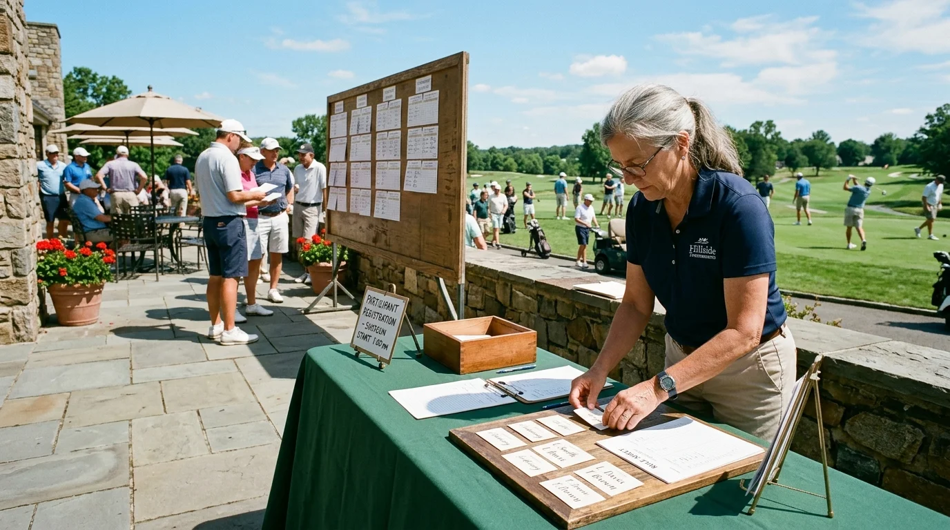 A woman sets up a registration table with name cards next to a large leaderboard at an outdoor golf tournament.
