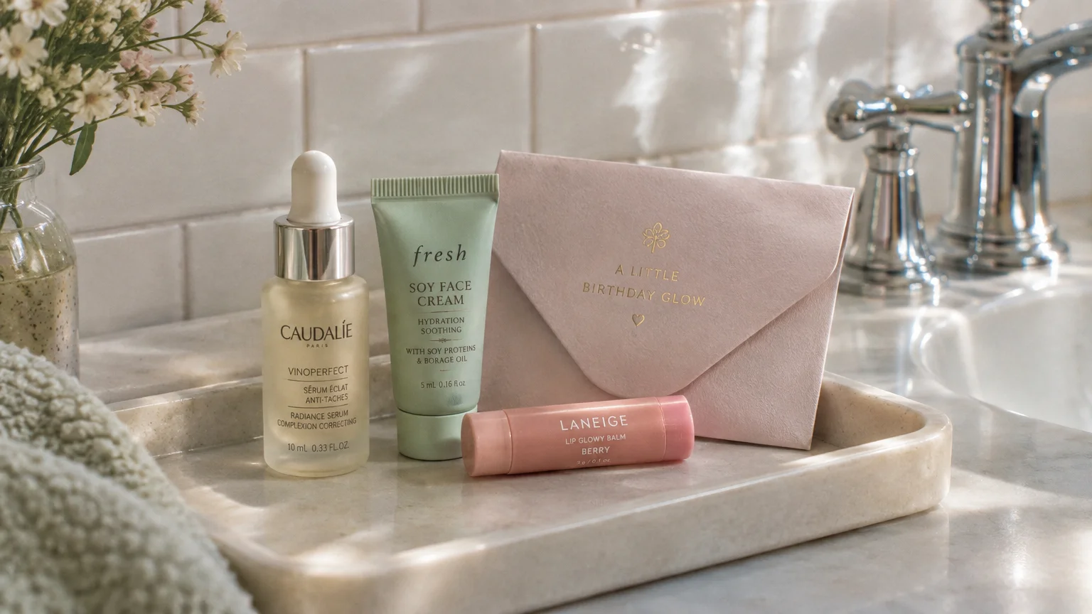 Skincare bottles, lip balm, and a pink envelope reading A Little Birthday Glow arranged on a marble bathroom tray.