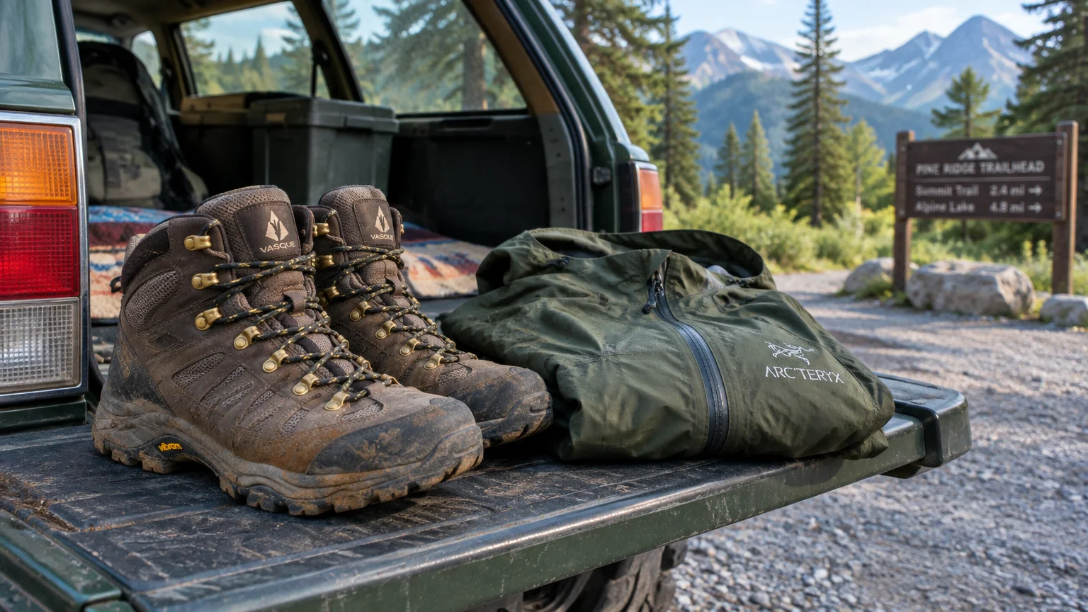 Muddy hiking boots and a folded green jacket rest on the tailgate of an SUV parked at a trailhead.