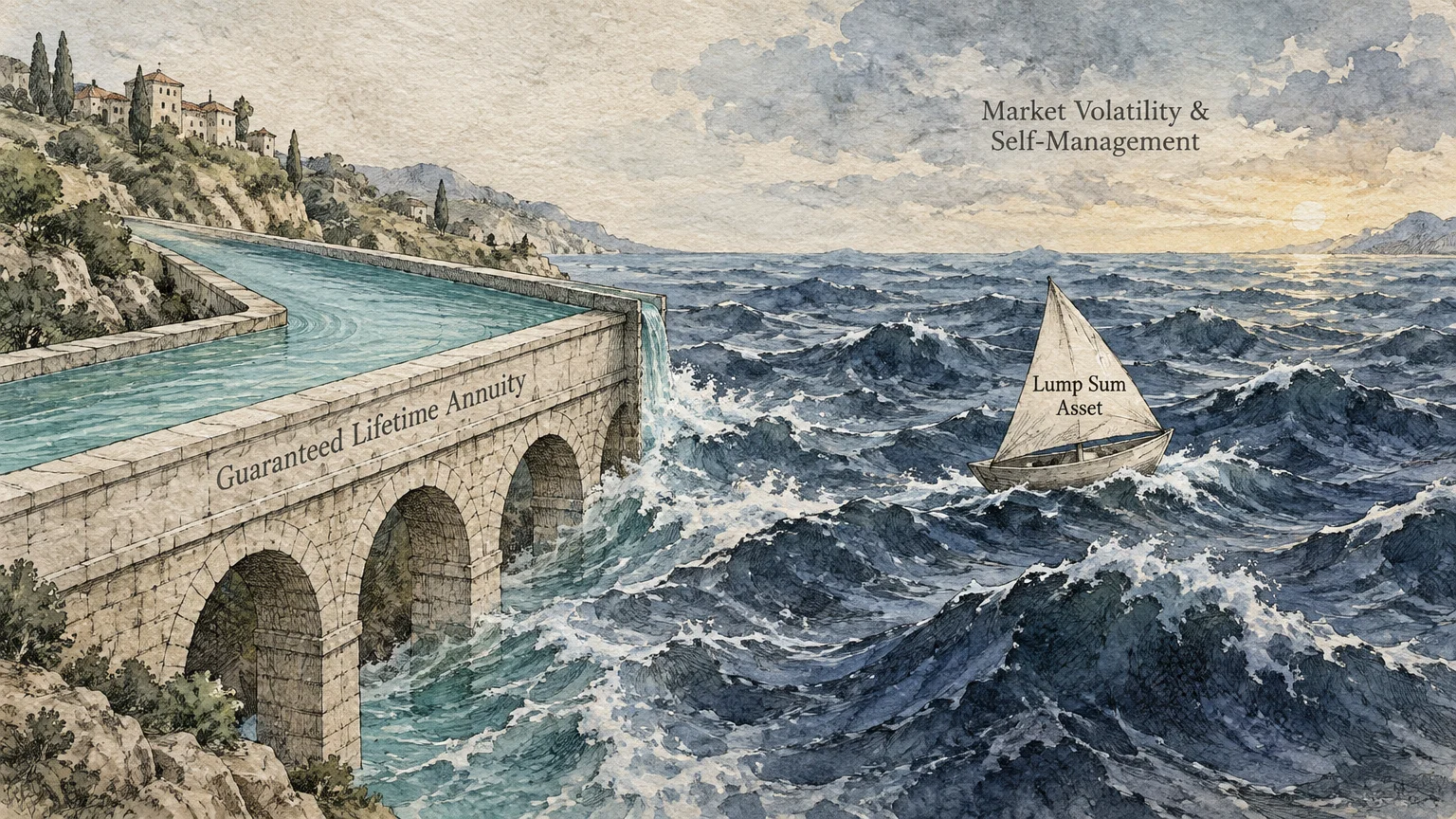 Illustration of a calm stone aqueduct labeled Guaranteed Lifetime Annuity beside a small sailboat in stormy seas.