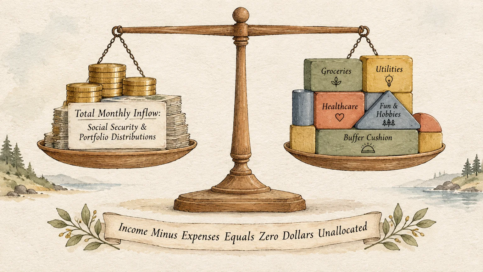 Illustration of a balance scale weighing coins and paper bills on one side against expense building blocks on the other.
