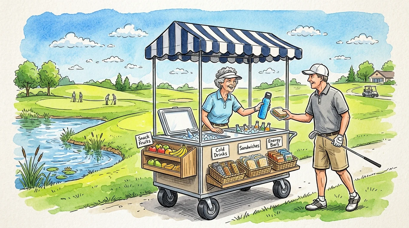 Illustration of an older woman serving drinks and snacks to a golfer from a striped-canopy cart on a golf course.