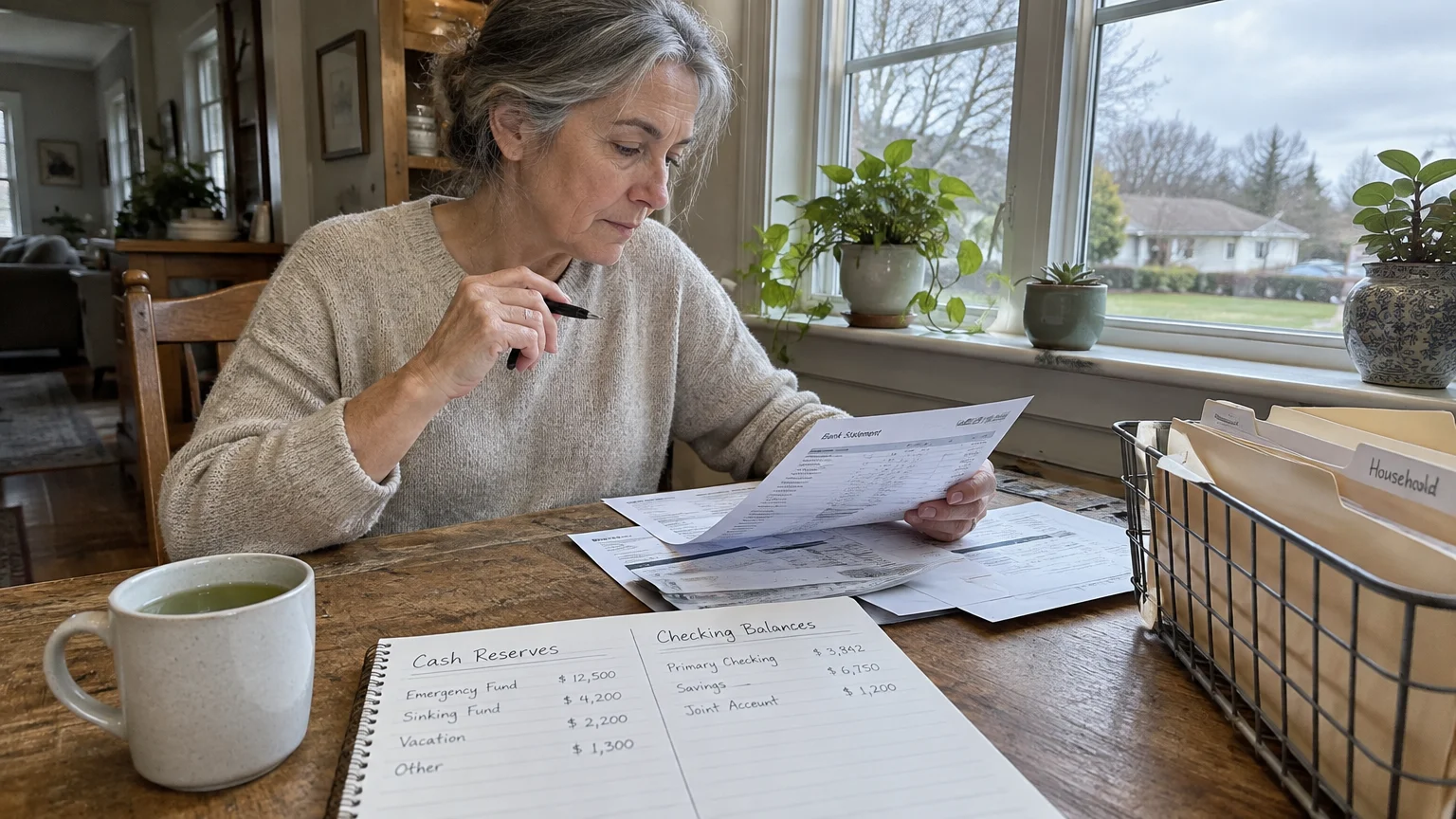 Woman sitting at a wooden table reviewing a bank statement next to a handwritten notebook of cash reserves.