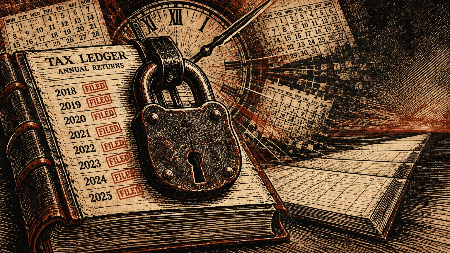 Illustration of a locked tax ledger book, calendar sheets, and a clock face in an engraved, woodcut style.