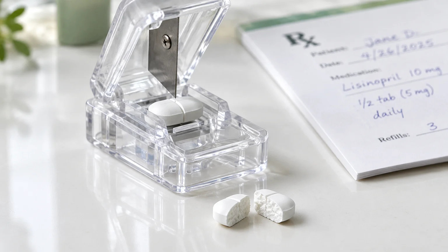 Clear plastic pill splitter holding a white tablet next to a split pill and a handwritten prescription pad.