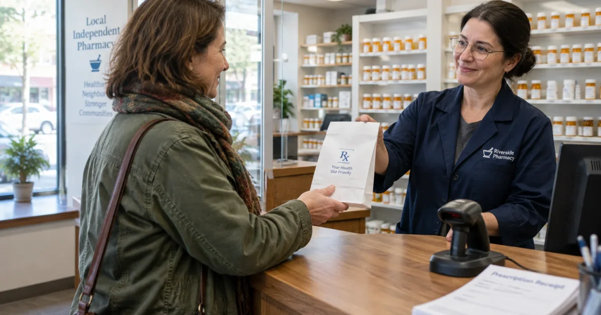 A smiling pharmacist handing a white prescription bag to a customer across a wooden pharmacy checkout counter.