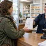 A smiling pharmacist handing a white prescription bag to a customer across a wooden pharmacy checkout counter.