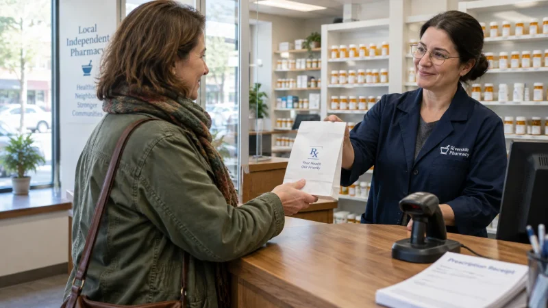A smiling pharmacist handing a white prescription bag to a customer across a wooden pharmacy checkout counter.