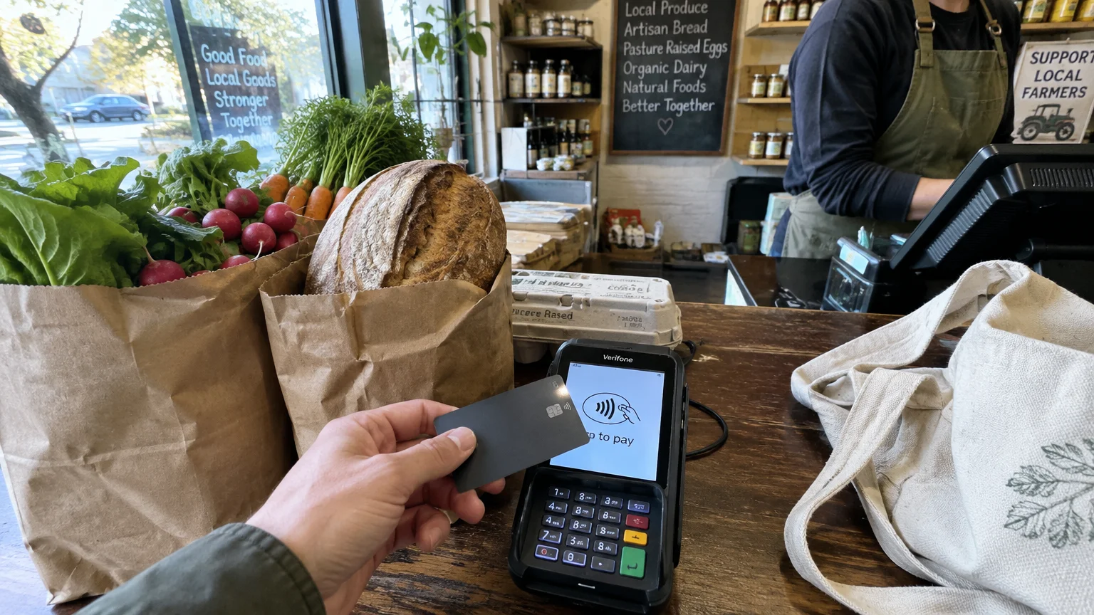 Customer tapping a black contactless credit card on a payment terminal at a grocery store checkout counter.