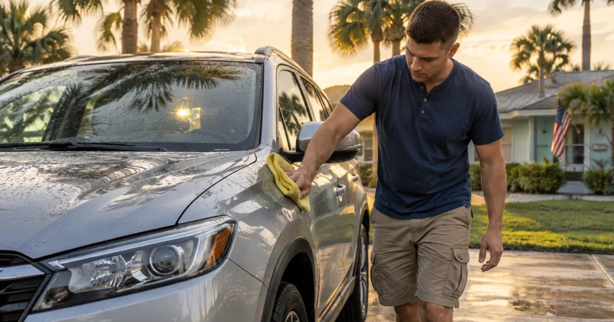 A man wiping down the front fender of a wet silver SUV with a yellow cloth in a sunny driveway.