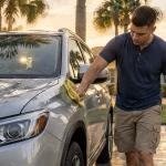 A man wiping down the front fender of a wet silver SUV with a yellow cloth in a sunny driveway.