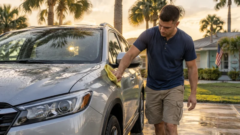 A man wiping down the front fender of a wet silver SUV with a yellow cloth in a sunny driveway.