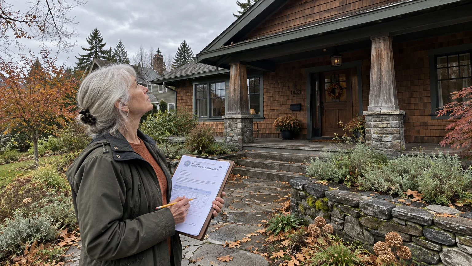 A woman with gray hair holds a clipboard and pencil while looking up at a craftsman-style house on an autumn day.