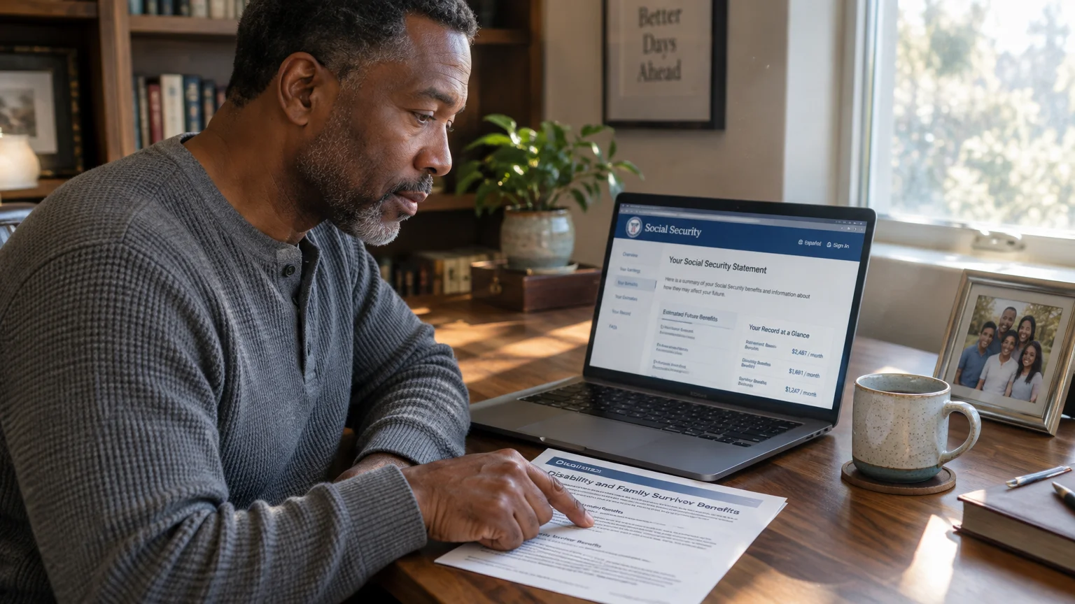 A man reviews Social Security statement documents at a desk next to a laptop displaying benefit estimates.