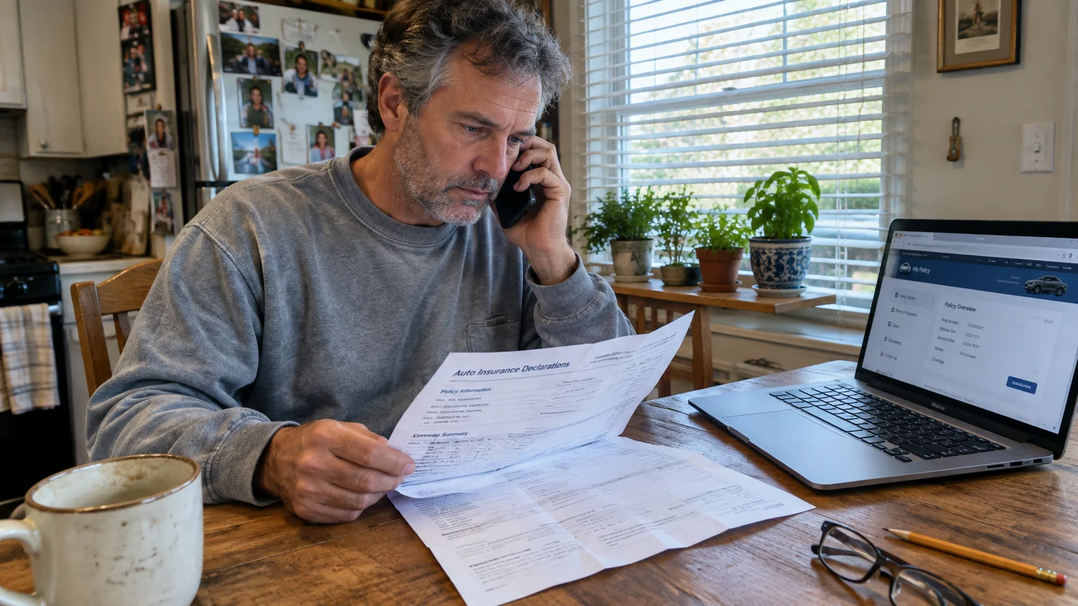 A man sitting at a kitchen table talking on his smartphone while reviewing auto insurance declaration papers beside a laptop.
