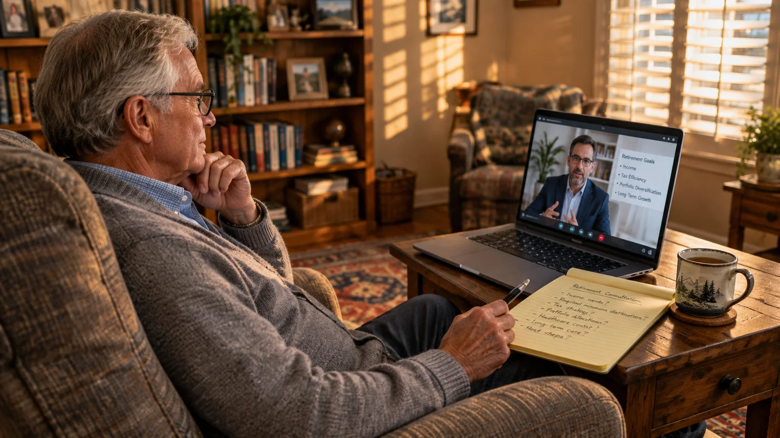 Man in an armchair watching a financial advisor on a video call on his laptop with handwritten notes beside him.