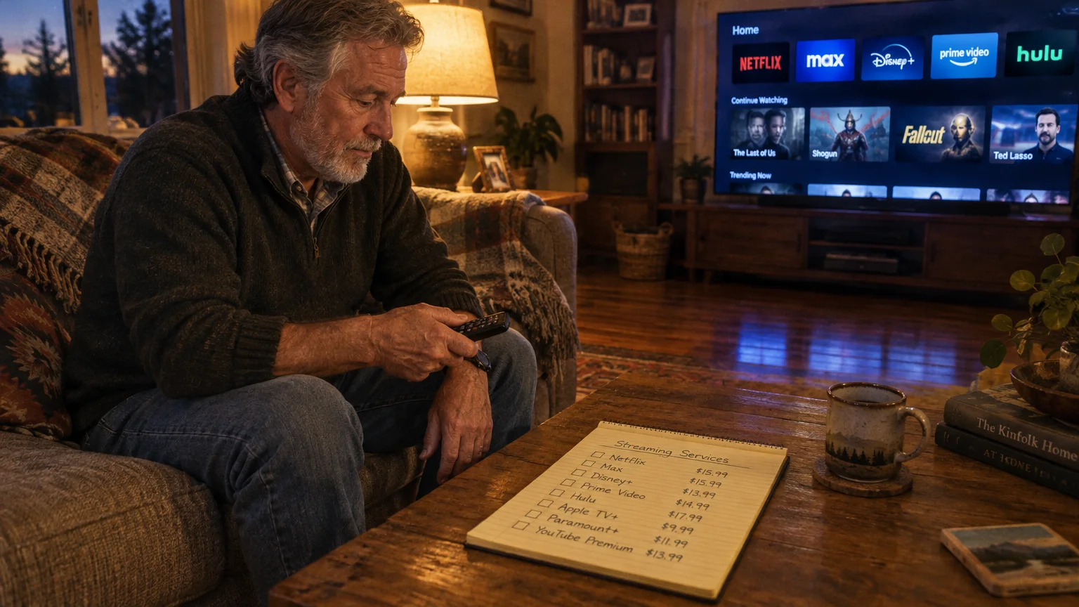 A man sits on a couch holding a remote control near a notepad listing streaming services and their monthly costs.