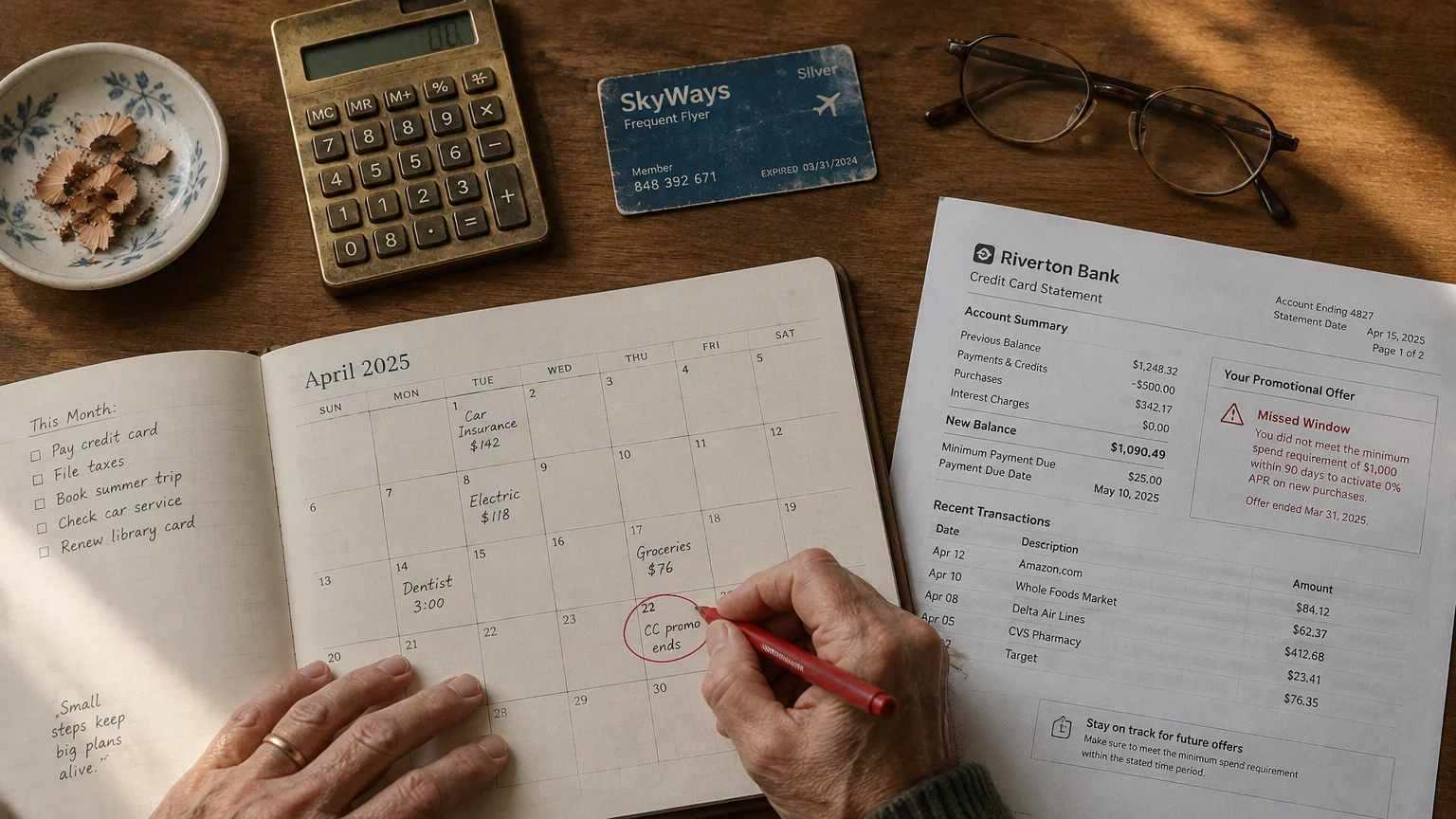 Hands circling a date in an open planner beside a credit card statement, calculator, and membership card on a wooden desk.
