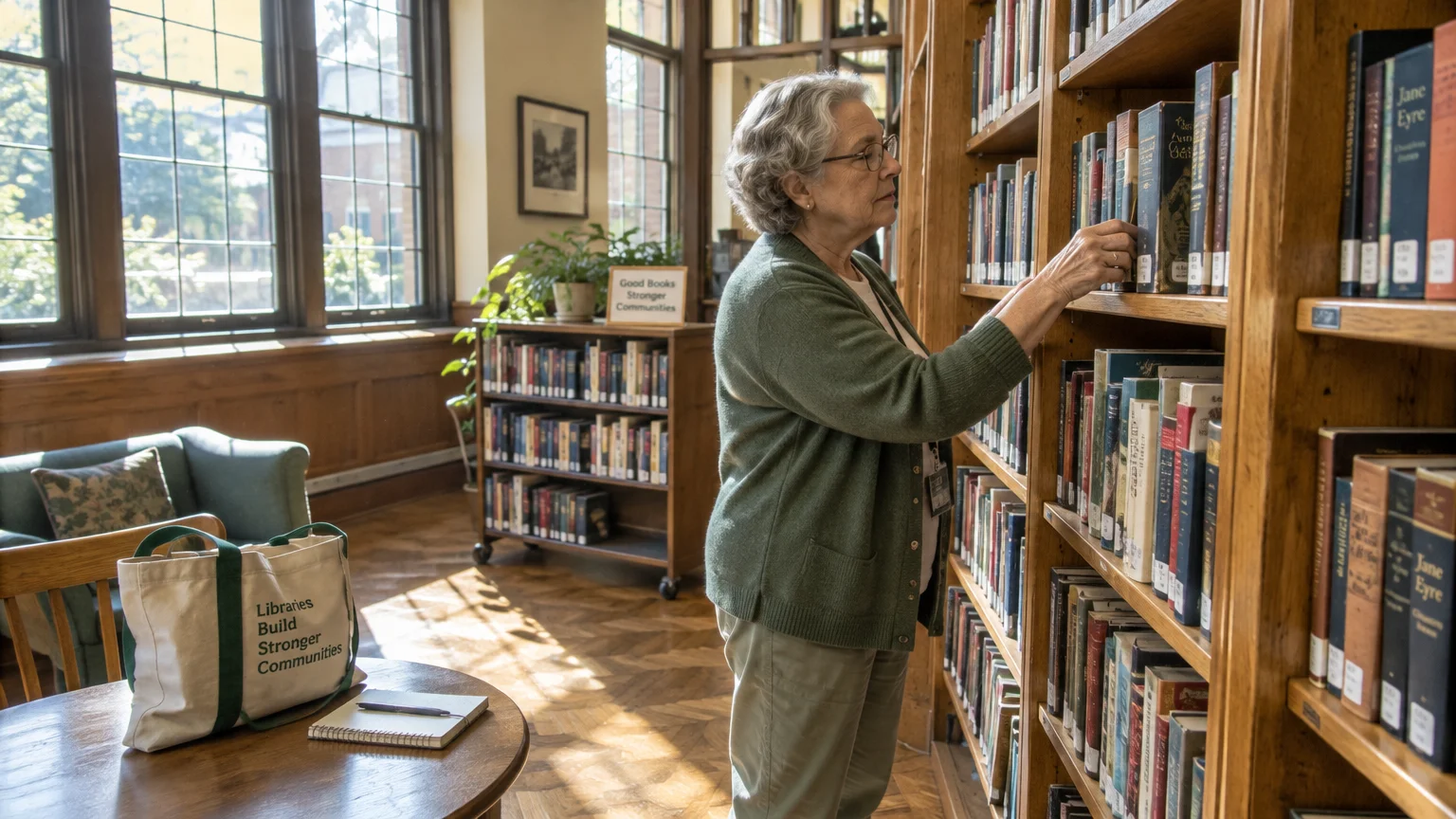 Older woman with glasses and a green cardigan reaches for a book on a tall wooden library shelf.