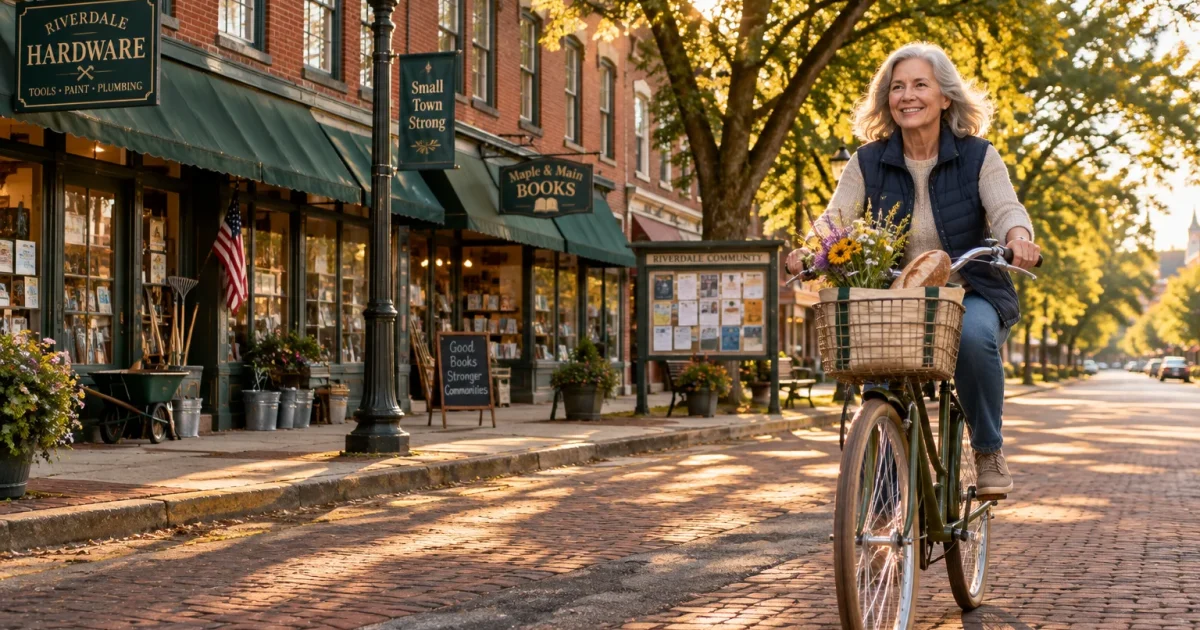 Smiling older woman riding a bicycle with a basket of flowers and bread down a sunny brick main street lined with shops.