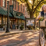 Smiling older woman riding a bicycle with a basket of flowers and bread down a sunny brick main street lined with shops.