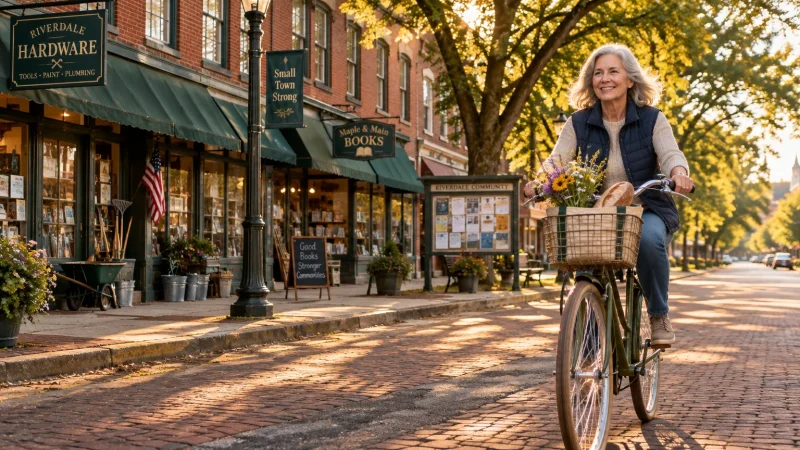 Smiling older woman riding a bicycle with a basket of flowers and bread down a sunny brick main street lined with shops.