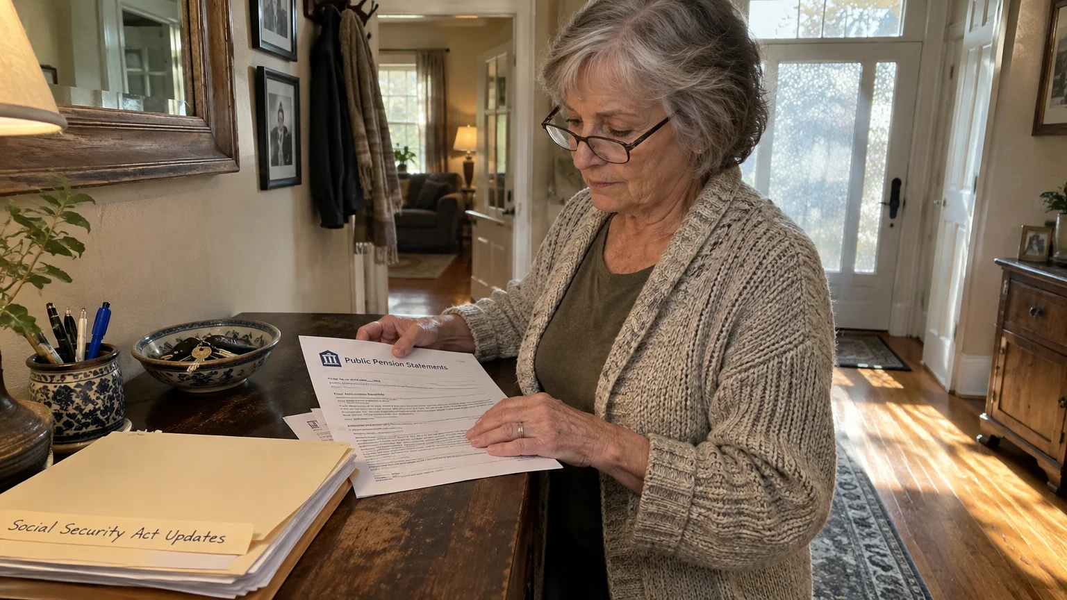A senior woman in glasses standing by an entryway table reading a document titled Public Pension Statements.
