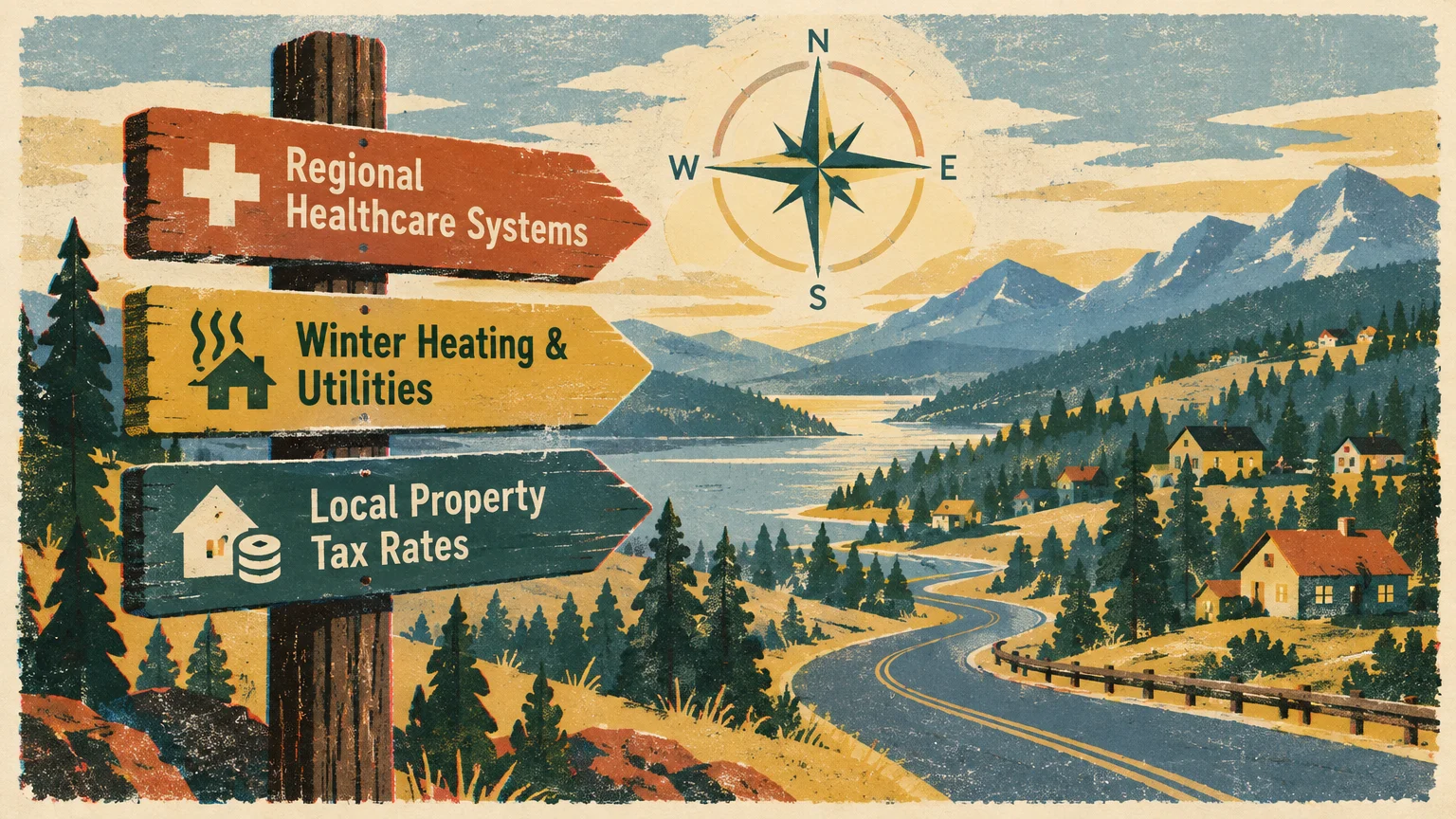 Wooden signpost with three arrows pointing toward a winding road, mountain lake, and houses under a compass rose.