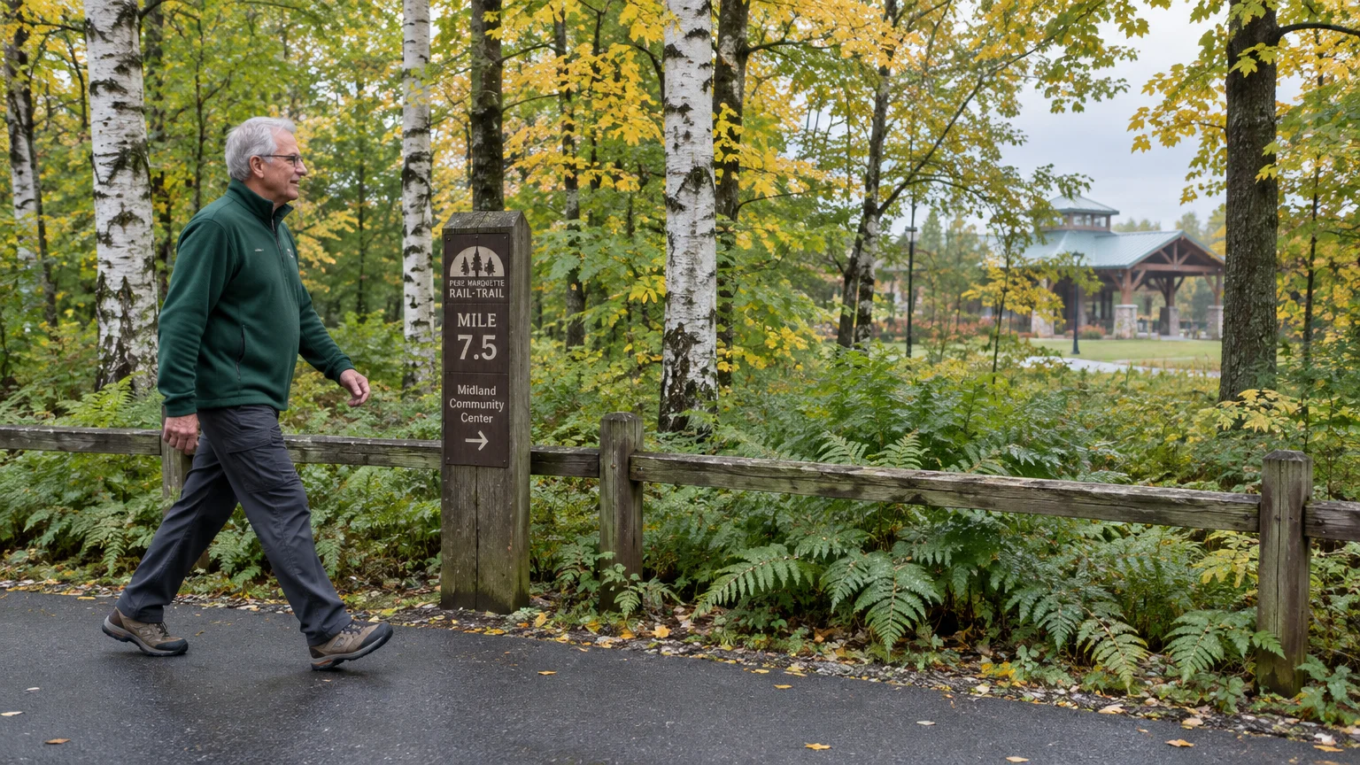 A man walks along a paved path in an autumn forest past a Pere Marquette Rail-Trail mile 7.5 wooden signpost.