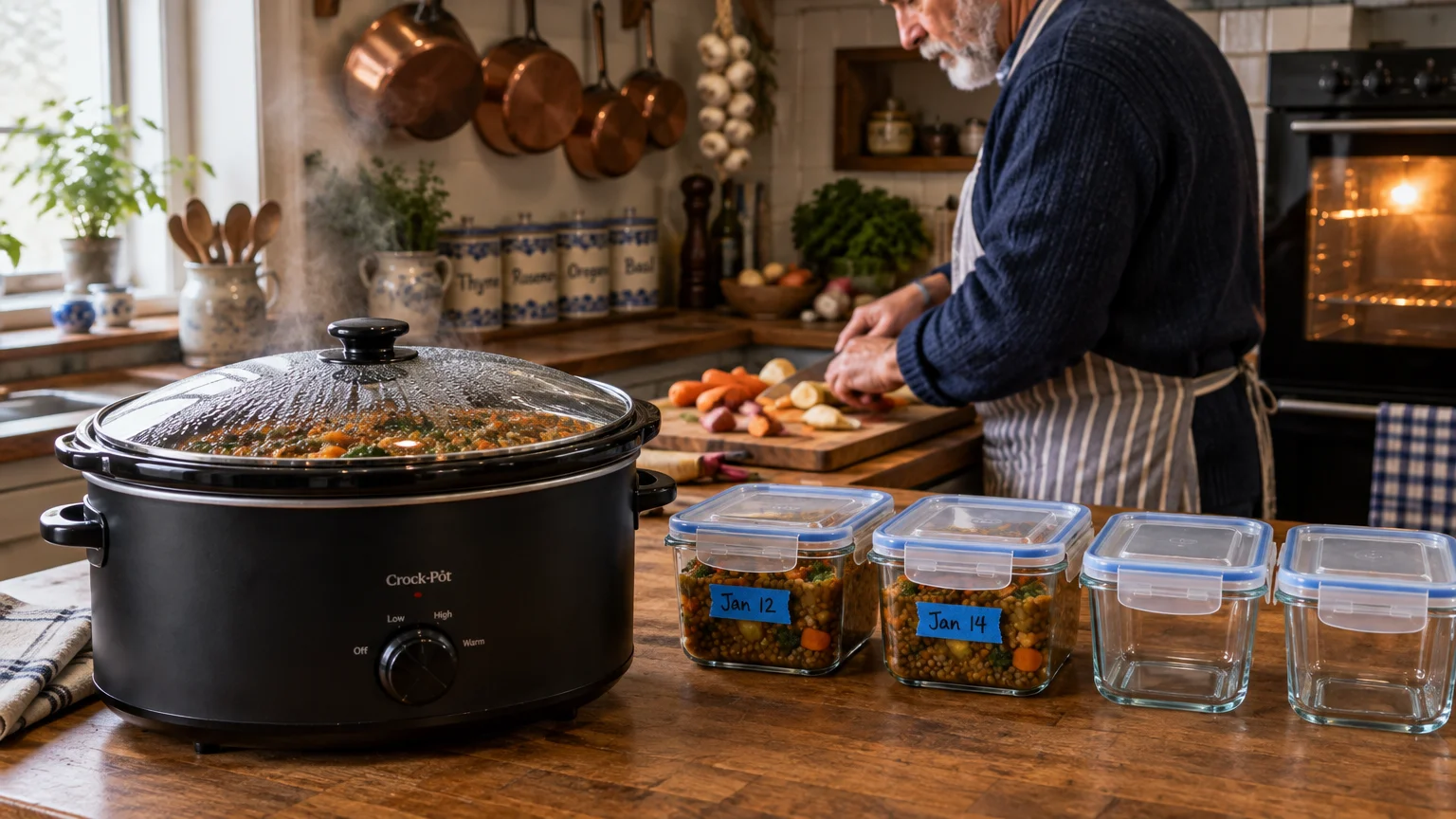 A steaming slow cooker and labeled meal prep containers on a counter while a man chops vegetables in a kitchen.