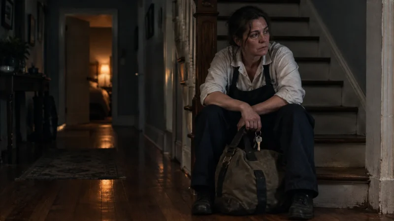 A weary woman in work clothes sitting on a wooden staircase holding keys with a duffel bag at her feet.