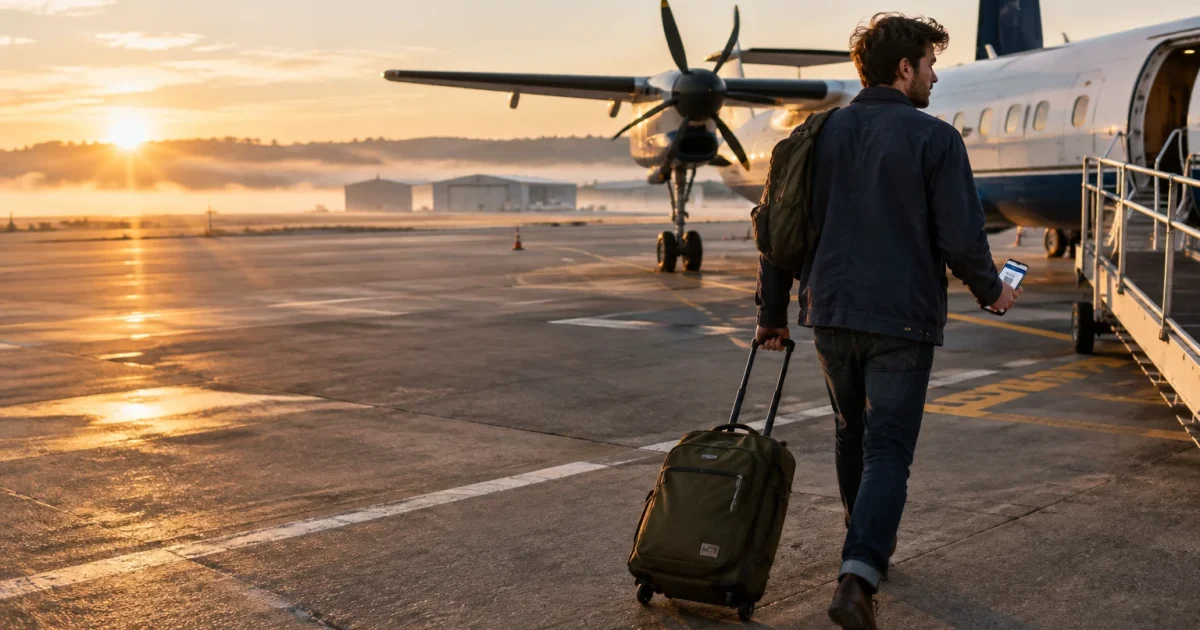 A man pulling rolling luggage walks across an airport tarmac toward a parked propeller airplane at sunrise.