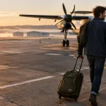 A man pulling rolling luggage walks across an airport tarmac toward a parked propeller airplane at sunrise.