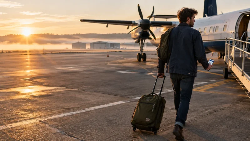 A man pulling rolling luggage walks across an airport tarmac toward a parked propeller airplane at sunrise.
