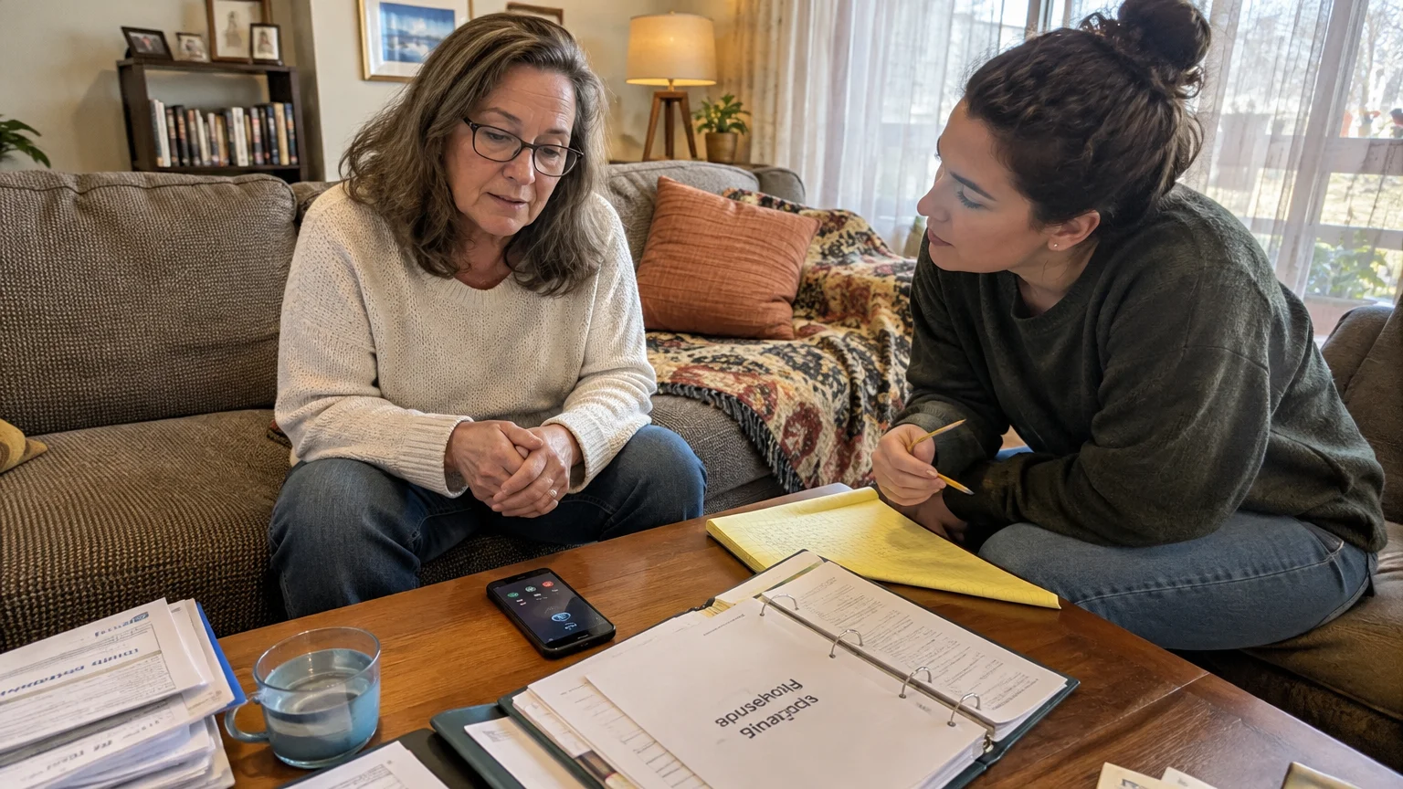 Two women sit by a coffee table with paperwork, a binder, notepad, and a smartphone on speaker call.