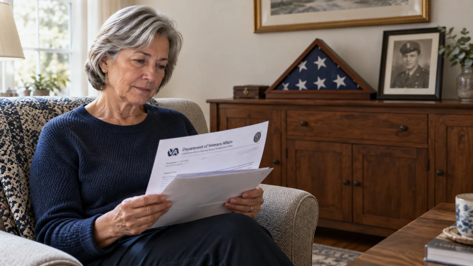 Woman sits in an armchair reading a Department of Veterans Affairs letter near a folded memorial flag and portrait.