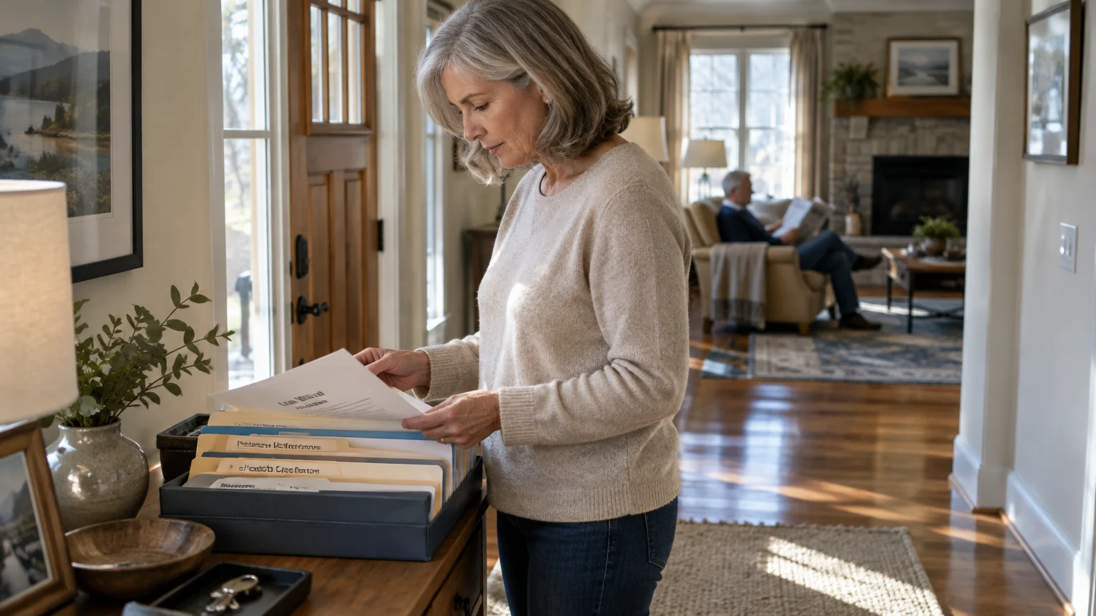 A woman looks through documents in a file box while a man sits reading a newspaper in the living room background.