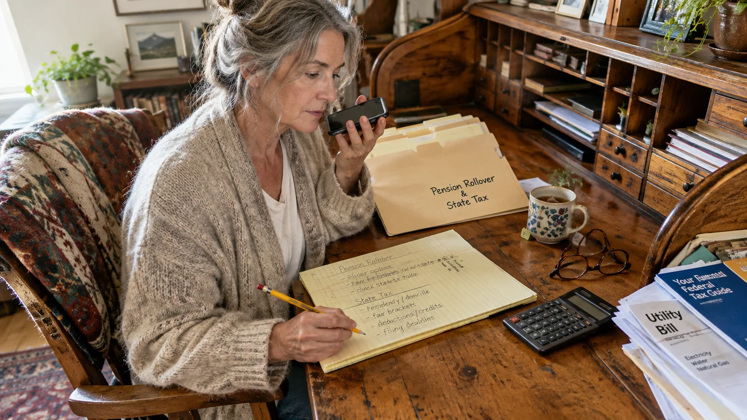 Woman seated at a rolltop desk speaks into a phone while writing on a legal pad near tax folders and a calculator.