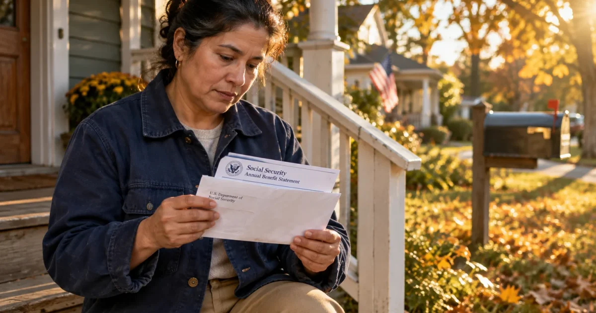 A woman sits on her front porch steps reviewing an open Social Security Annual Benefit Statement letter.