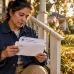 A woman sits on her front porch steps reviewing an open Social Security Annual Benefit Statement letter.