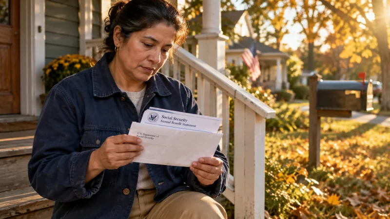 A woman sits on her front porch steps reviewing an open Social Security Annual Benefit Statement letter.